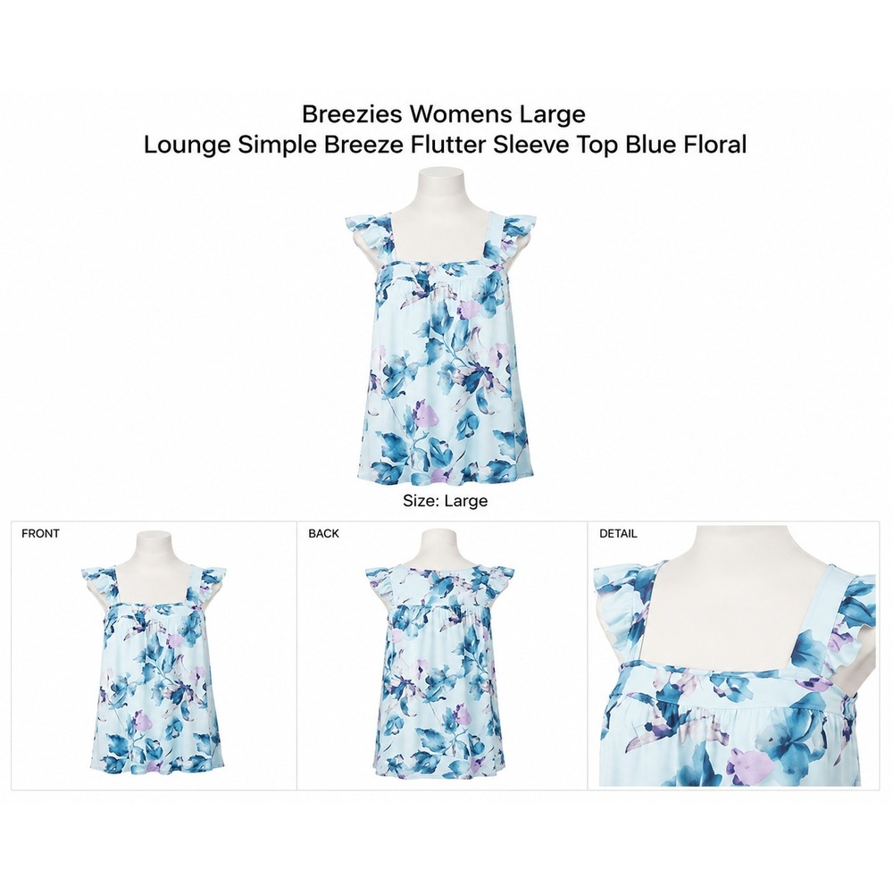 Breezies Womens Large Simple Breeze Flutter Sleeve Top Blue Floral A5995598 - Picture 1 of 6
